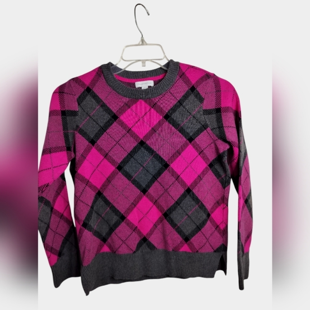 3093) Charter Club Fuchsia Plaid Crewneck Pullover Sweater Size Medium
